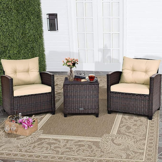 RELAX4LIFE 3 Piece Patio Furniture Set, Wicker Bistro Conversation Set w/ 2 Cushioned Armchairs & Glass Topped Table, Outdoor Rattan Sofa Set Patio Furniture for Porch Balcony Poolside (Beige)