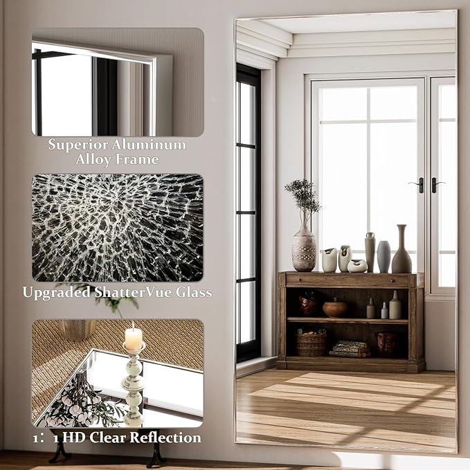 GLSLAND 71"x31" Full Length Mirror Extra Large Hanging or Leaning Rectangle Mirror Aluminum Alloy Thin Frame Bedroom Floor Dressing,Silver