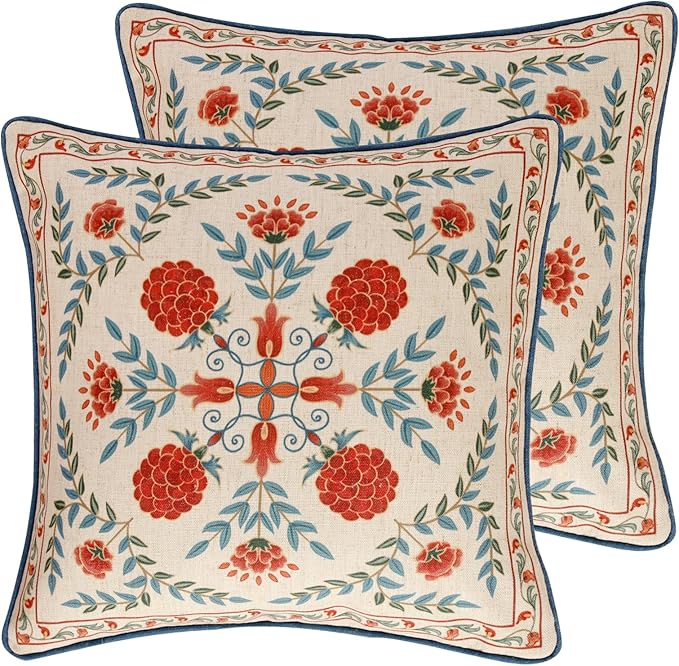 patdrea Designer Throw Pillow Covers Set of 2,Square Brilliant Vintage Red Tropical Linen with Floral Pattern Pillow Cover,Decorative Pillowcases Cushion for Bed Living Room Outdoor Car,18"x18"