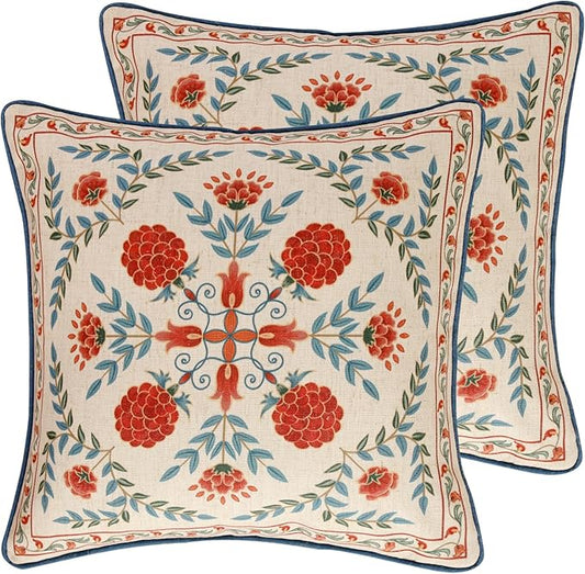 patdrea Designer Throw Pillow Covers Set of 2,Square Brilliant Vintage Red Tropical Linen with Floral Pattern Pillow Cover,Decorative Pillowcases Cushion for Bed Living Room Outdoor Car,18"x18"