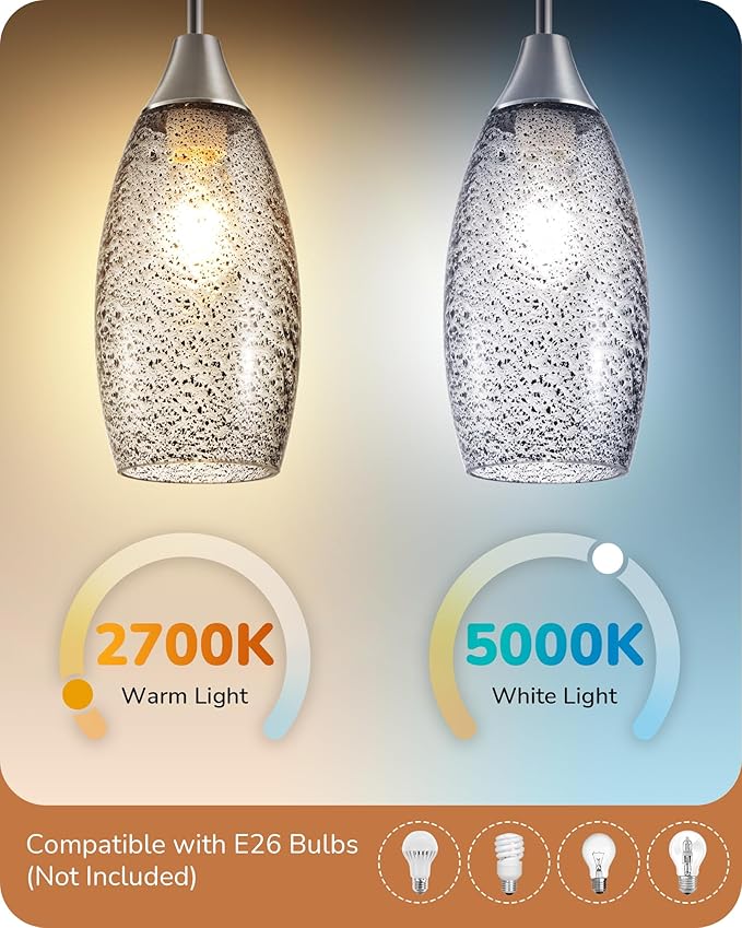 EDISHINE Pendant Light Fixture, Handcrafted Art Glass Hanging Light, Hardwired Ceiling Light with Grey Seed Glass Shade, Adjustable Brushed Nickel Rods, E26 Base, Pendant Lamp for Kitchen Bathroom Bar