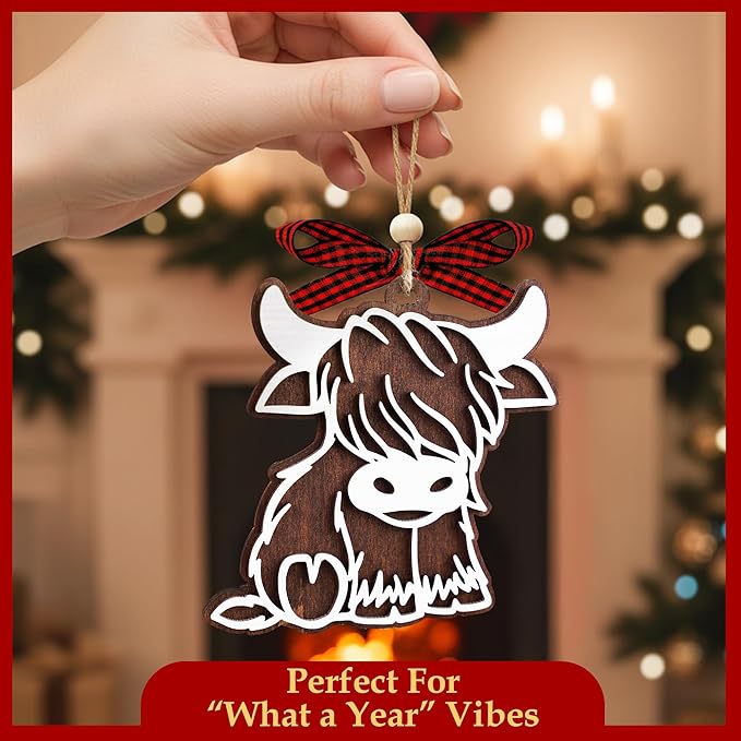 Highland Cow Ornament 2025-2 Layer Wooden Cow Ornaments for Christmas Tree - Highland Cow Gifts for Women - Cow Lover Gifts for Women - Amimal Lover Gift - Farm Animal Ornaments - Farmhouse Ornament