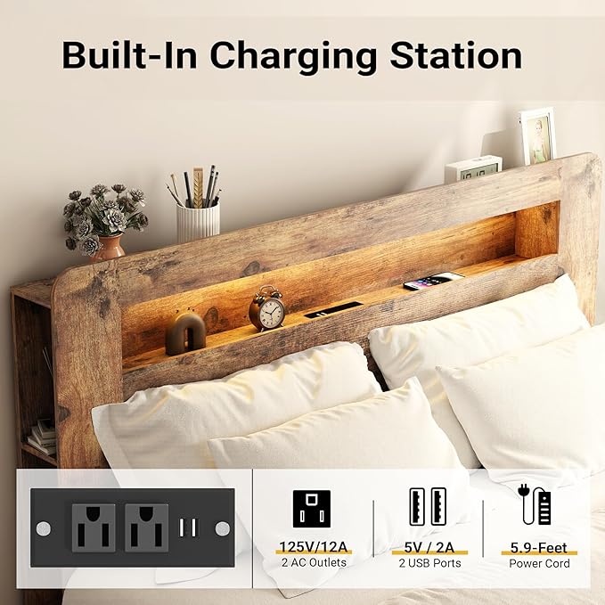 King Bed Frame with Headboard, Wooden Platform Bed Frame King Size with Bookcase Shelf, LED Lights, Charging Station, Heavy Duty Supports, No Box Spring Needed,Dark Brown