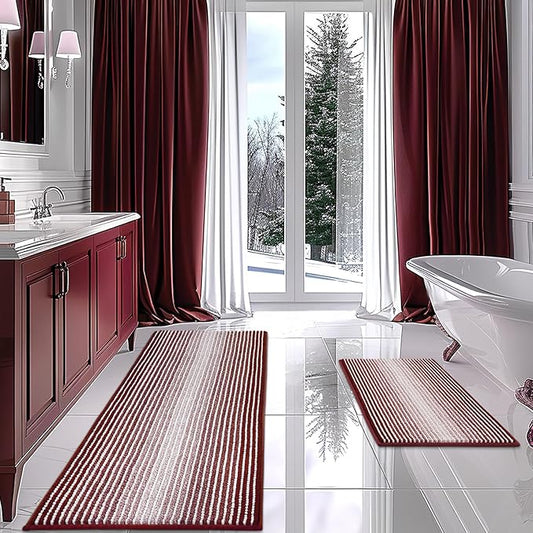 Bathroom Rugs and Mats Sets, 2 Piece Thick Absorbent Chenille Bath Mat Rug Set Non Slip, Soft Shaggy Bath Room Floor Mats for Bathroom, Machine Washable (Burgundy Red, 20" x 60" Plus 20" x 32")