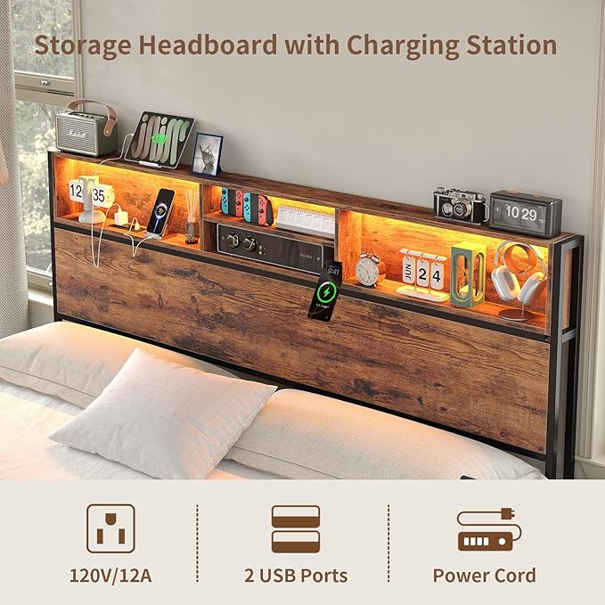 King Size Bed Frame with LED Headboard & Charging Ports, Rustic Wood Platform King Bed Frame with 6 Storage Drawers and Display Shelf, Heavy-Duty Metal Frame, No Box Spring Needed, Brown