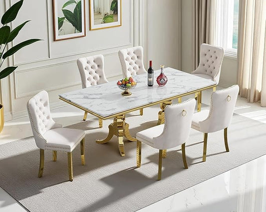 Goujxcy Faux Marble Dining Table Set for 6, Modern 7-Piece Dining Table Set with 6 Velvet Upholstered Chairs, 70" Large Long Faux Marble Kitchen Dining Room Table and Chairs with Stainless Steel Legs