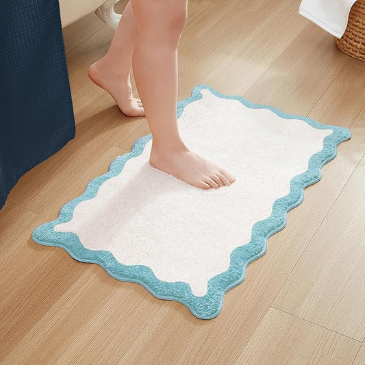 MONDAY MOOSE Bath Mat with Scalloped Wavy Ripple Design, Microfiber Absorbent Non Slip Tufted Rug for Floor, Shower or Kitchen (16x24 inch, Sky Blue)