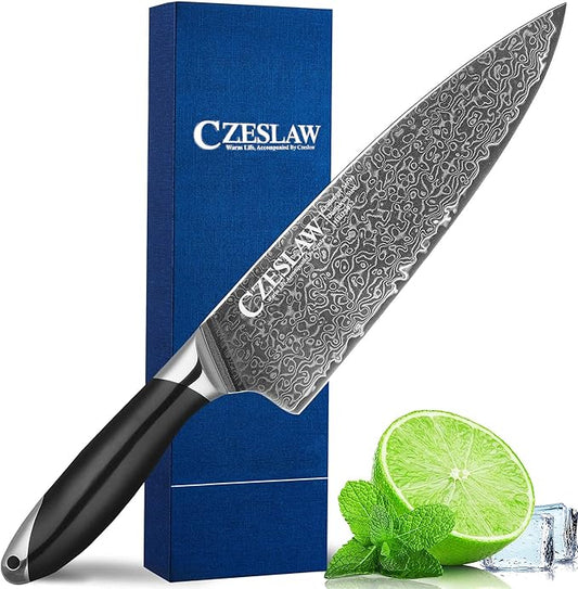 Chef Knife - 8 Inch kitchen knife, Japanese Damascus Chefs Knife, Professional Sharp Forged Black Japanese Damascus Cooking Knife, Full Tang, Ergonomic ABS Handle Design