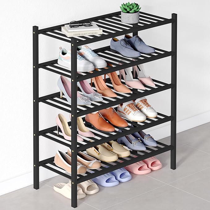 Smiry Bamboo Shoe Rack for Closet, 5 Tier Wooden Stackable Shoe Organizer, Free Standing Shoes Storage Shelf for Entryway, Front Door Entrance, Black