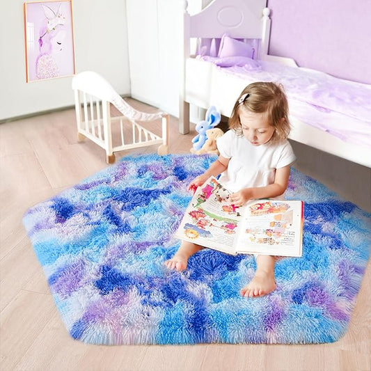 junovo Ultra Soft Hexagon Rug Fluffy Rainbow Nursery Rug for Princess Tent Kids Play Castle, Furry Hexagonal Carpet for Kids Girls Room Playhouse Classroom Dorm Home Decor, 4.6ft Tie-Dye Blue-Purple
