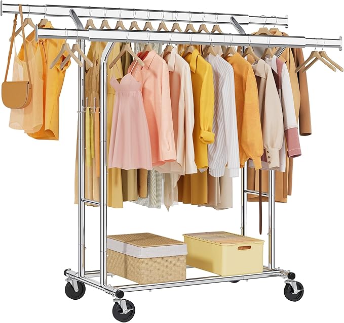 Tajsoon Double Rod Clothes Rack 480 LBS, Heavy Duty Clothing Rack with Wheels, Collapsible Clothes Rack for Hanging Clothes, Commercial Rolling Garment Rack with Shelf, Chrome