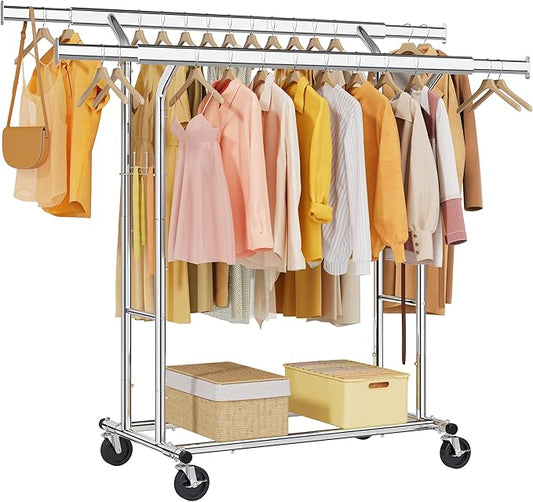 Tajsoon Double Rod Clothes Rack 480 LBS, Heavy Duty Clothing Rack with Wheels, Collapsible Clothes Rack for Hanging Clothes, Commercial Rolling Garment Rack with Shelf, Chrome
