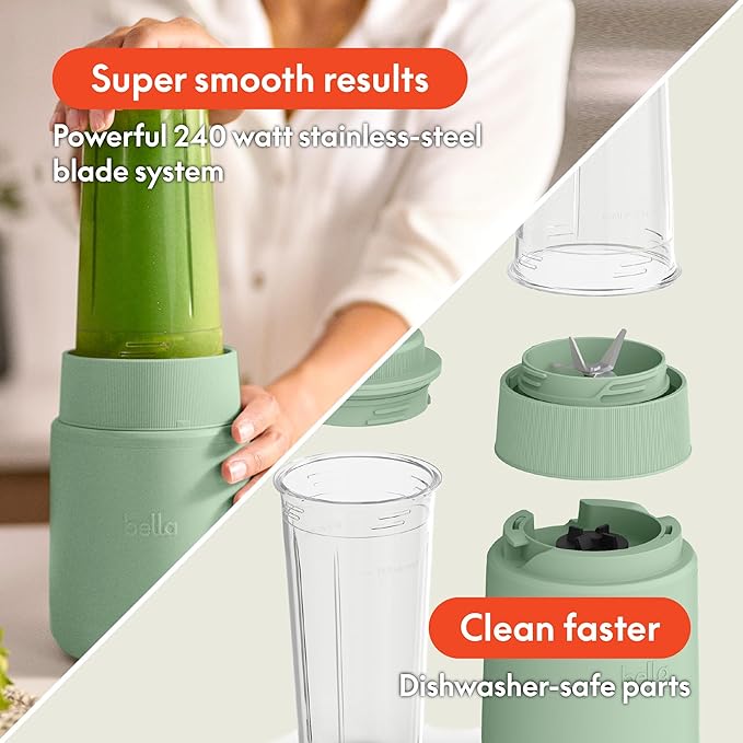 bella 6 Pcs Portable Rocket Blender, Juicer & Smoothie Maker, Press & Twist Design, EverGood™ & BPA Free Dishwasher Safe Parts, 4 Tip Stainless Steel Blade, Cord Wrap, 240 Watt Motor, Seaglass