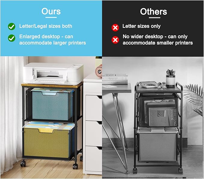 Letter/Legal Mobile File Cabinet, Rolling File Cart with 2 Drawers Filing Cabinet for Home Office, Hanging File Folders Organizer for Under Desk Storage, Mobile Printer Stand, Black and Brown