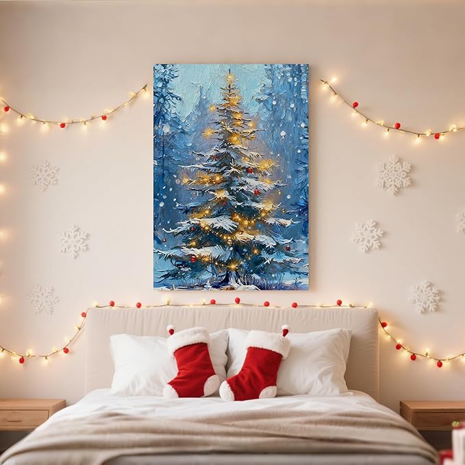 Framed Christmas Pictures Wall Decor,Vintage Pine Tree Prints,Winter Christmas Canvas Wall Art Decoration for Bedroom Bathroom Living Room Rustic Xmas Holiday Gifts (Christmas Tree 1, 16'' X 20'')