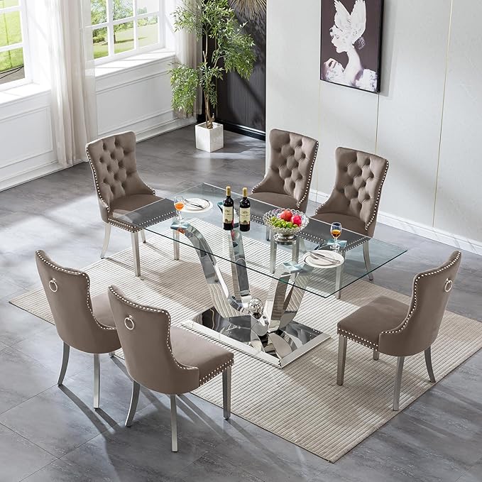 70" Modern Silver Glass Dining Table Set for 6, 7-Piece Rectangle Kitchen Dining Room Table Set with Steel Base & 6 Grey Velvet Upholstered Chairs, Modern Glass Kitchen Table and Chairs Set of 6