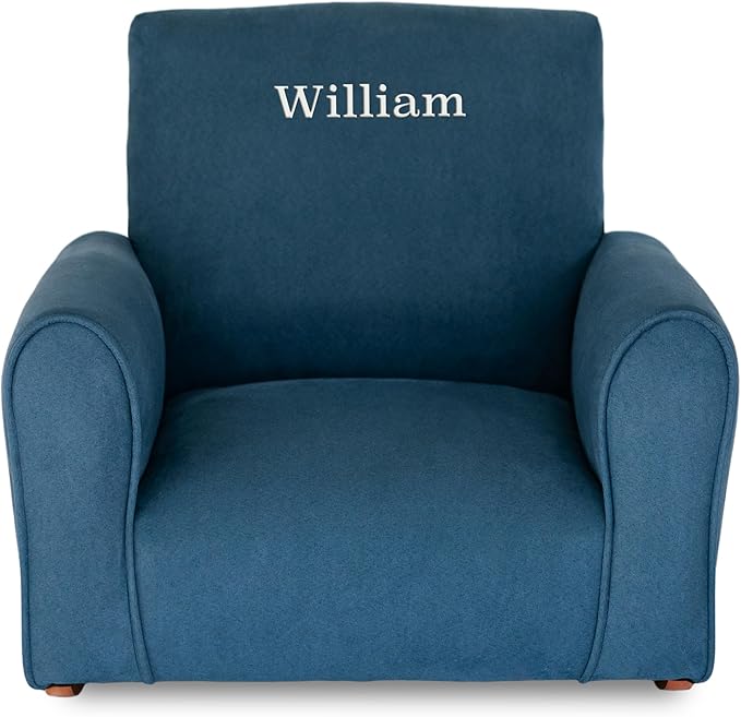 Toddler Personalized Armchair, Kids Upholstered Rocking Chair with Personalization, Toddler Chair with Personalized Name, Comfy Child Armchair, (Navy Suede, Rockers)