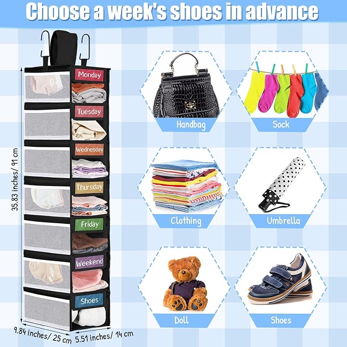 2 Pack 7 Shelf Weekly Clothes Organizer Hanging Closet for Kids with Side Pockets Weekday Shoes Rack Weekly Clothes Organizers Monday Through Weekend Foldable Storage Shelves(Black)