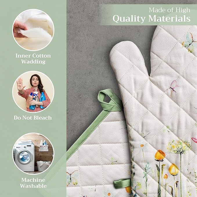 Maison d' Hermine 100% Cotton Oven Mitt & Pot Holder Set (7.5"x13" & 8"x8") Heat Resistant BBQ Cooking Gloves with Loop, Baking, Grilling, Kitchen, Handling Hot Pans Spring/Summer (Botanical Fresh)