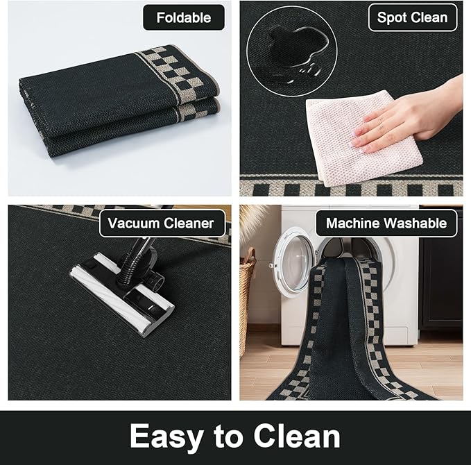 OJIA Easy Jute Area Rug 8x10, Large Outdoor Patio Rugs Washable Rugs for Living Room Checkered Border Farmhouse Indoor Outdoor Carpet Modern Non-Slip Black Rug for Bedroom Backyard Office Decor