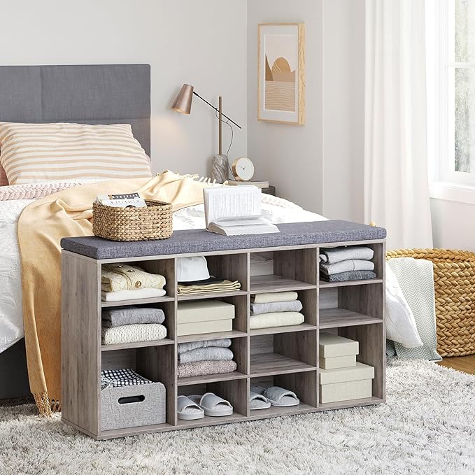 DINZI LVJ Shoe Storage Bench with Cushion, 14-Cubby Shoe Rack, Adjustable Shelves, Multifunctional Shoe Organizer Bench for Entryway, Mudroom, Hallway, Living Room, Bedroom and Garage, Greige