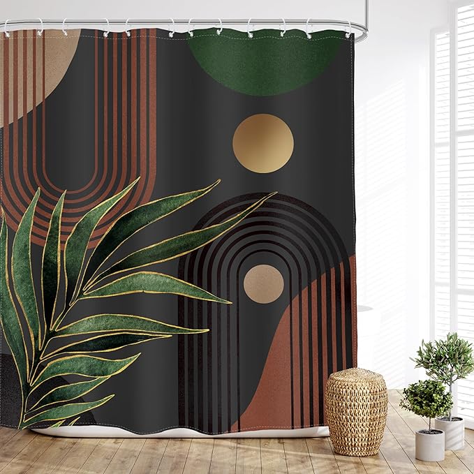 Glawry Dark Green Brown Boho Shower Curtain Abstract Mid Century Retro Tropical Leaves Modern Geometric Bathroom Minimalist Arch Sun 60Wx72L Inches Bath Accessories Art Home Decor Fabric 12 Pack Hooks