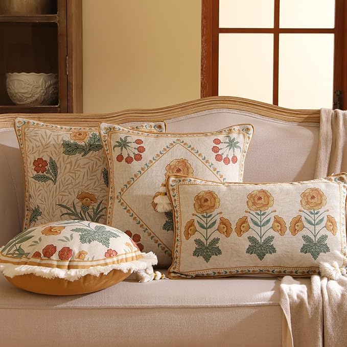 patdrea Designer Throw Pillow Covers for Couch 12"x20",Vintage French Soft Linen Pillows Cover with Beige Daisy Floral Pattern,Farmhouse Decorative Cushion for Bed,Living Room,Outdoor,Set of 2