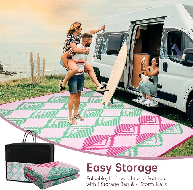 Beeiva Outdoor Rug Waterproof 6x9, Reversible Outdoor Plastic Straw Rug for Camping, Modern Geometric Large Patio Rugs for Porch, Deck, Backyard, Balcony, Picnic - Pink & Green