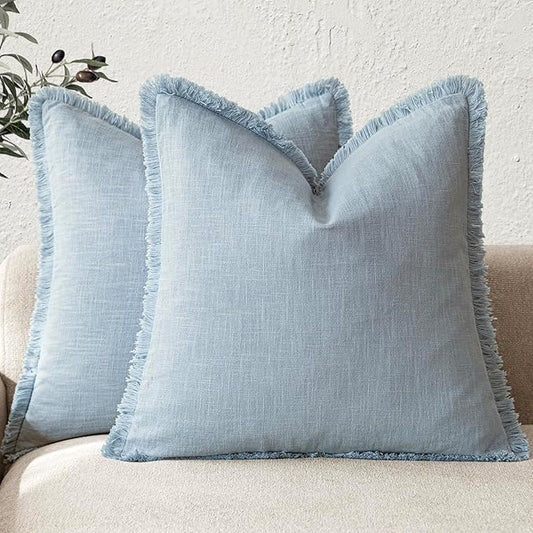 Foindtower Set of 2 Decorative Linen Fringe Throw Pillow Covers Cozy Boho Farmhouse Cushion Cover with Tassels Soft Accent Pillowcase for Couch Sofa Bed Living Room Home Decor,26×26 Inch,Sky Blue