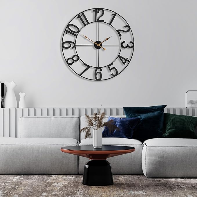 Sorbus 32-Inch Large Wall Clock – Decorative Black Metal Clock with Gold Hands – Silent, Battery Operated, Modern Wall Decor for Living Room, Kitchen, or Office – Great Gift for Housewarming or Office