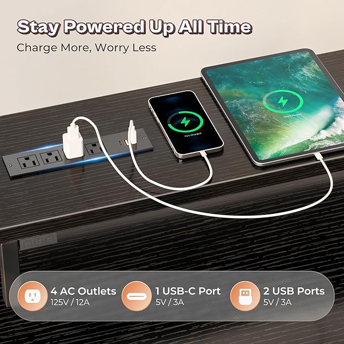 PRAISUN 66 Inch L Shaped Computer Desk with Power Outlets and LED Lights, Home Office Desk with Fabric Drawers and Print Stand, L Shape or Long Set up, Monitor Stand, Mesh CPU Stand, Black