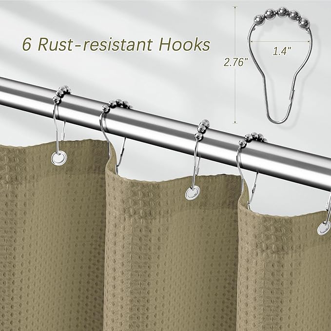 Taupe Stall Fabric Shower Curtain - Water Repellent Waffle Textured 256GSM Heavy Duty Cloth Shower Curtains for Bath Tubs, Narrow Hotel Quality Bath Curtain Set with 6 Hooks, 36Wx72H