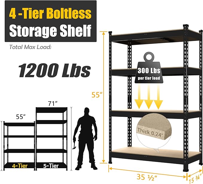 PrimeZone 4 Tier 36" W x 16" D x 55" H Storage Shelves - Adjustable Garage Storage Shelving, Heavy Duty Metal Storage Utility Rack Shelf Unit for Warehouse Pantry Closet Kitchen, Black