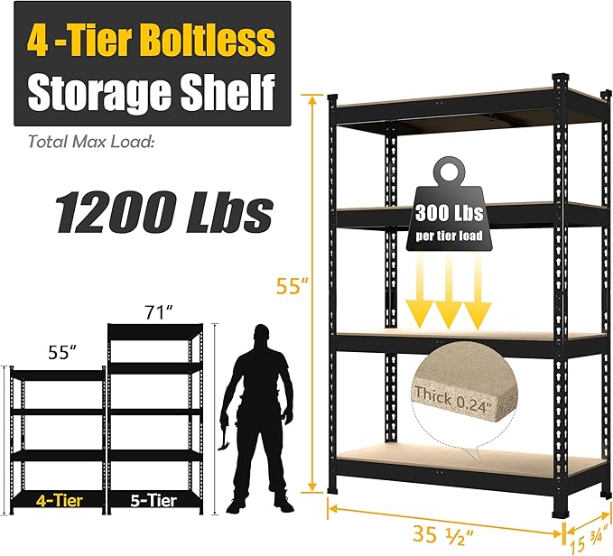 PrimeZone 4 Tier 36" W x 16" D x 55" H Storage Shelves - 4 Pack Adjustable Garage Storage Shelving, Heavy Duty Metal Storage Utility Rack Shelf Unit for Warehouse Pantry Closet Kitchen, Black