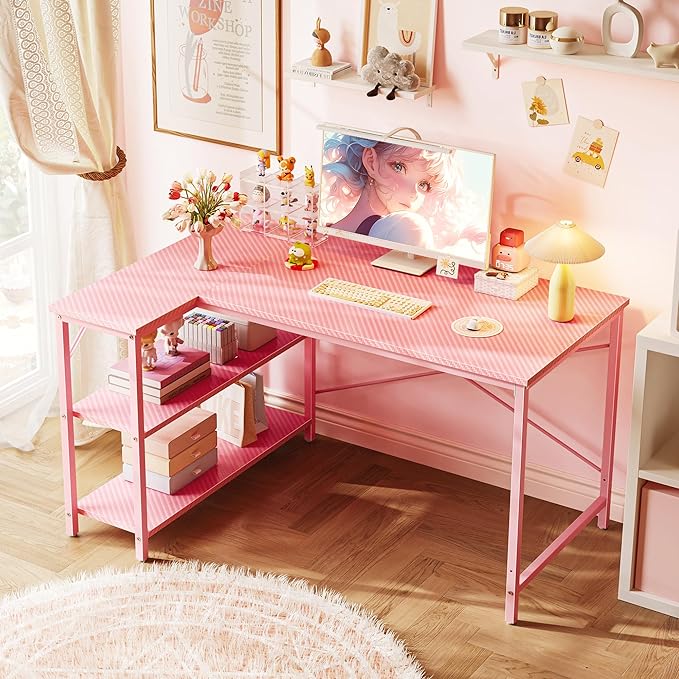 Huuger L Shaped Desk, 47 Inches Computer Desk with Reversible Storage Shelves, Gaming Desk, Corner Desk Home Office Desks, Writing Study Desk with Metal Frame, Pink