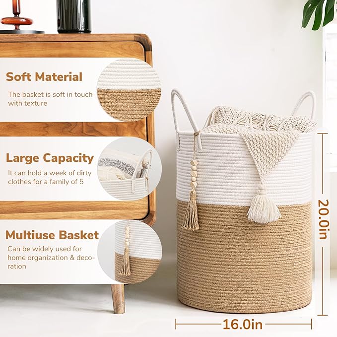 Goodpick Woven Laundry Basket Decorative Blanket Basket for Living Room, Tall Storage Basket for Clothes, Toys, Towels, Wicker Laundry Hamper 16 x 20 Inches, White and Jute