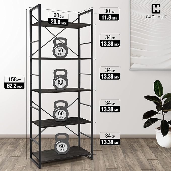 CAPHAUS 5 Tier Bookshelf, 24 Inch Width Free Standing Shelf, Bookcase Shelf Storage Organizer, Industrial Book Shelves for Home Office, Living Room, Kitchen, Black Vintage Shelves & Metal Frame
