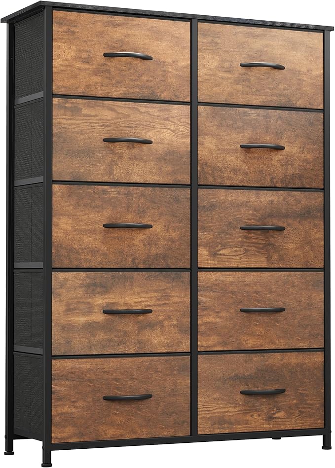 YITAHOME 10-Drawer Fabric Dresser, Furniture Storage Tower Cabinet, Organizer for Bedroom, Living Room, Hallway, Closet, Sturdy Steel Frame, Wooden Top, Easy Pull Fabric Bins(Rustic Brown)