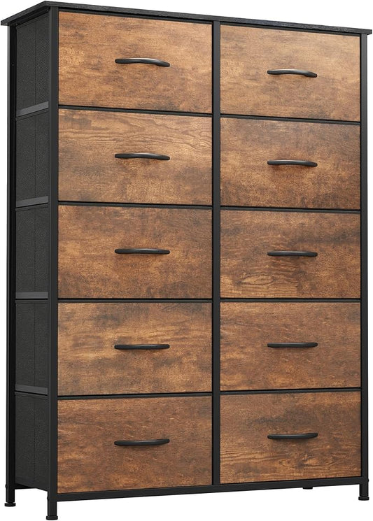 YITAHOME 10-Drawer Fabric Dresser, Furniture Storage Tower Cabinet, Organizer for Bedroom, Living Room, Hallway, Closet, Sturdy Steel Frame, Wooden Top, Easy Pull Fabric Bins(Rustic Brown)