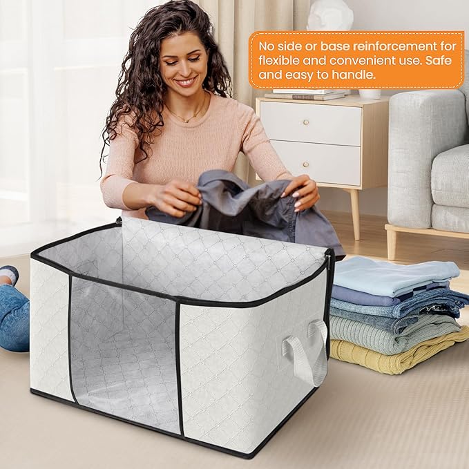 Fab totes 3 Pack Clothes Storage, Foldable Thick Fabric Blanket Storage Bags, Containers for Organizing Bedroom, Closet, Clothing, Comforter,Organization with Handle,Ivory White