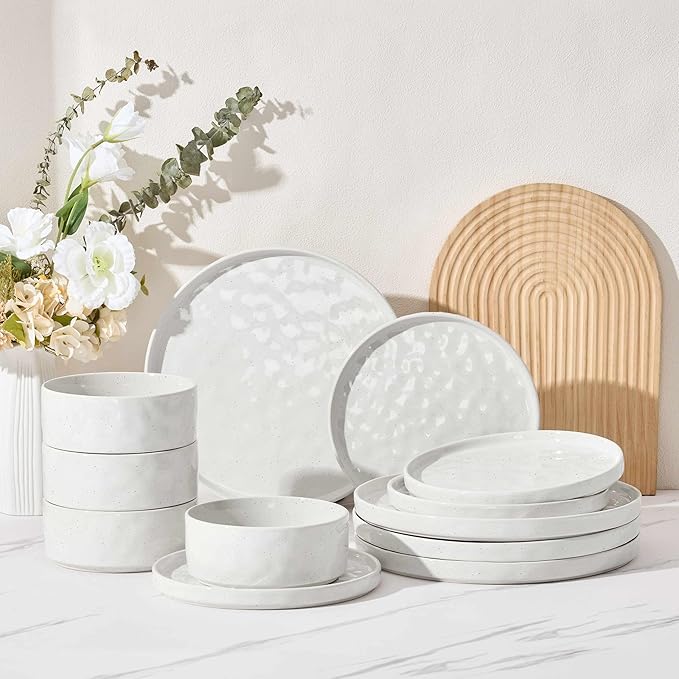 Herogo 12 Pieces Stoneware Dinnerware Sets for 4, Ceramic Plates and Bowls Sets, Dinner Dishware for Home Kitchen, Dishwasher & Microwave Safe, Speckled White