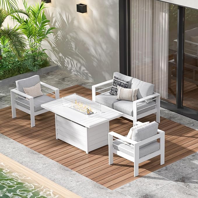Wisteria Lane Aluminum Patio Furniture Set, 4 Piece Metal Outdoor Furniture Set with CSA Certified 54in Propane Gas Fire Pit Table, Patio Conversation Set with 5in Olefin Cover Cushions (White)