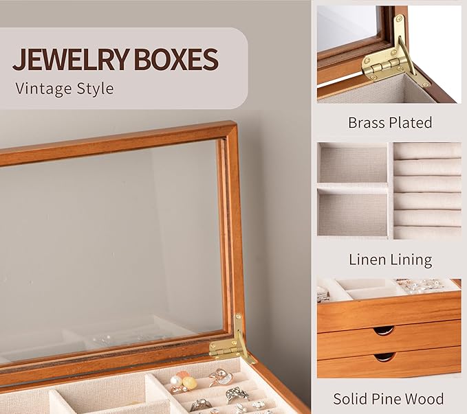 Jewelry Box with Glass Lid, 3 Layer Jewelry Organizer for Women, Solid Wooden Jewelry Box Display for Ring Earrings Necklace Bracelet, Pine Wood Jewelry Boxes Vintage Style for Gifts