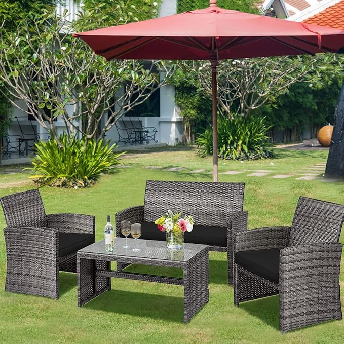 Tangkula 4 PCS Wicker Patio Conversation Set, Outdoor Rattan Sofas with Table Set, Patio Furniture Set with Soft Cushions & Tempered Glass Coffee Table for Poolside Balcony