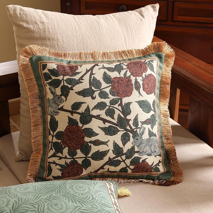 patdrea Designer Throw Pillow Covers Set of 2,French Elegant Green Linen with Rose and Animal Floral Pattern Pillow Covers,Decorative Square Pillowcases Cushion for Bed Living Room Outdoor,18"x18"