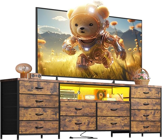 Fits 65,70 inch TV Stand Dresser 63" W TV Console for Bedroom with LED Lights & Power Outlets 12 Long Fabric Dressers for Bedroom, Hallway or Closets Entertainment Center