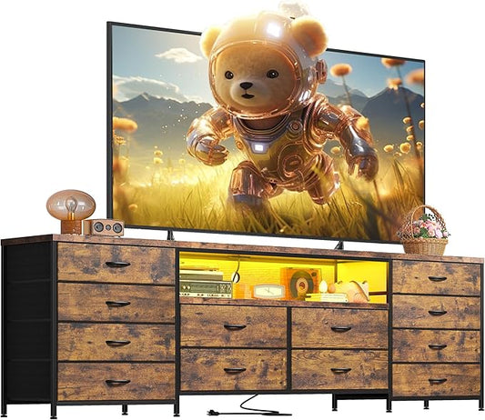 Fits 65,70 inch TV Stand Dresser 63" W TV Console for Bedroom with LED Lights & Power Outlets 12 Long Fabric Dressers for Bedroom, Hallway or Closets Entertainment Center