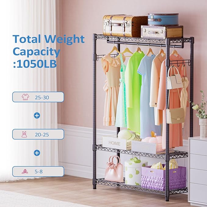 IZEUK Heavy Duty Garment Rack, Freestanding Clothing Rack for Hanging Clothes with 1 Rod, 3 Tiers & Side Hooks, Adjustable Metal Wardrobe Closet Organizer, 45.3" W x 15.7" D x 72.4" H, Dark Grey