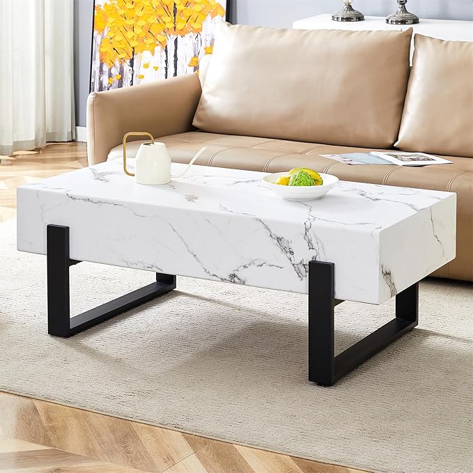 47'' Rectangle Coffee Table for Living Room, Marble Pattern Desktop, Stable Metal Tea Table Legs for Dining Room Apartment Small Space (White)