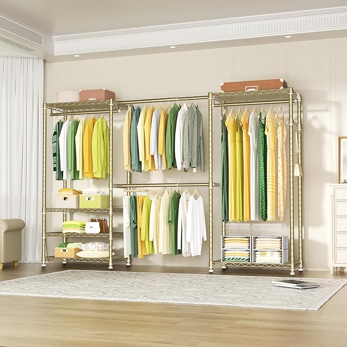 Ulif E1 Heavy Duty Closet Garment Rack, 6 Tiers Adjustable Metal Freestanding Expandable Clothing Storage with 4 Hanger Rods, Easy to Assemble Wardrobe, 71.4" H x (70" - 88.2") L x 14" D, Gold